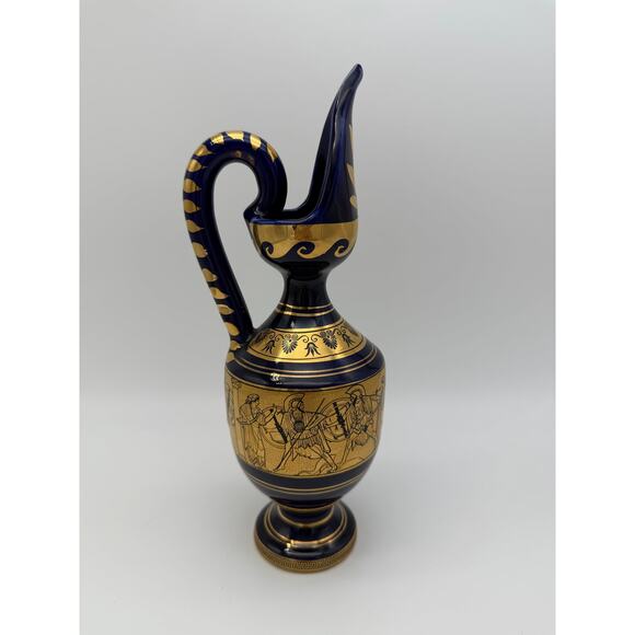Grecian Cobalt Blue Classic Greece Scene 9" Greek Key Pitcher Vase 24K gold - Picture 3 of 7